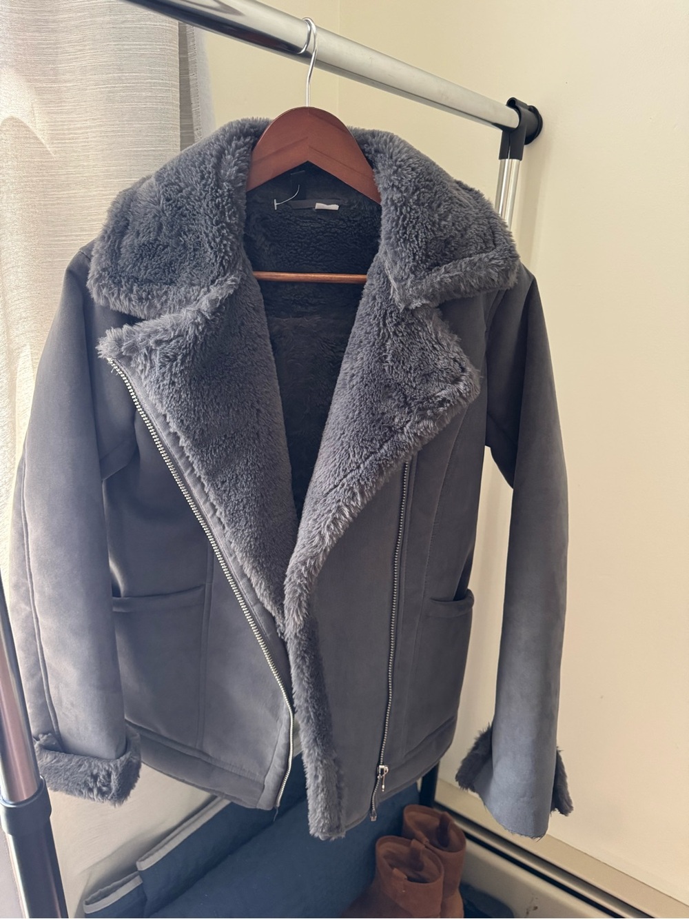 Women's Gray Faux Shearling Moto Jacket, H&M